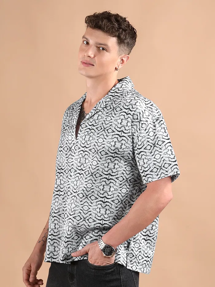 White and Black Printed Cuban Shirt